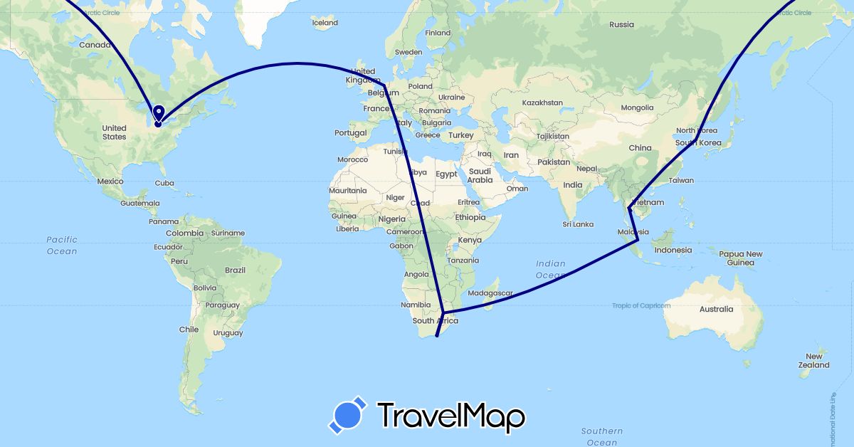 TravelMap itinerary: driving in South Korea, Netherlands, Singapore, Thailand, United States, South Africa (Africa, Asia, Europe, North America)